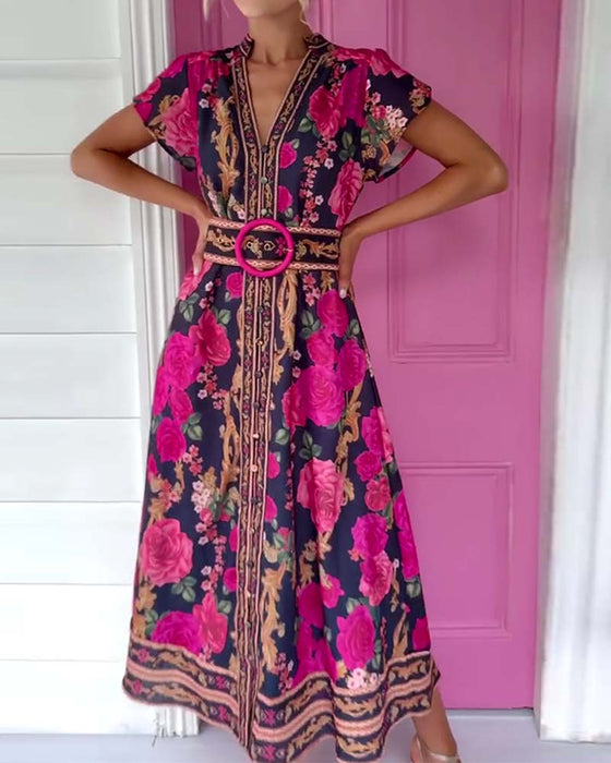 Jurk V-Hals Roos Print