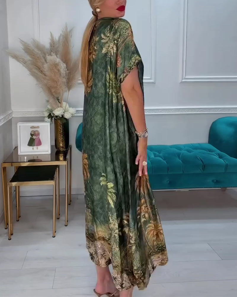 Jurk V-Hals Palmboom Print Korte Mouw Lang