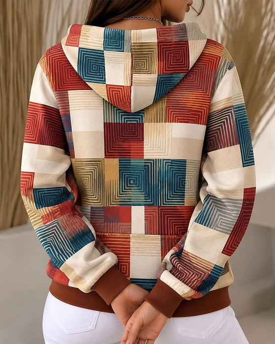 Hoodie Ruit Kleurblok Trekkoord