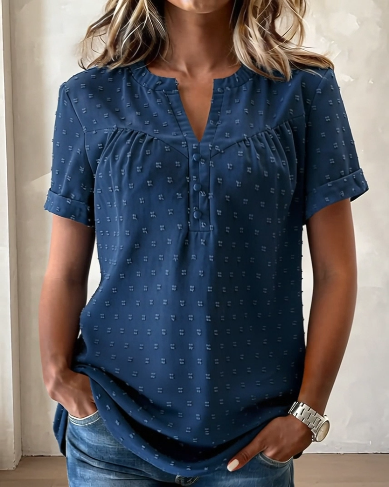 Blouse Jacquard V-Hals Half Sluiting Korte Mouw
