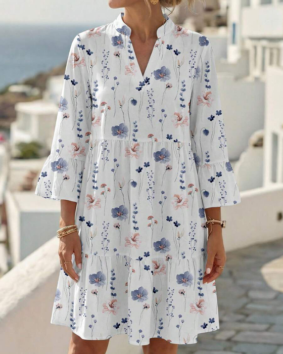 Jurk V-Hals Bloemen Afdruk Midi