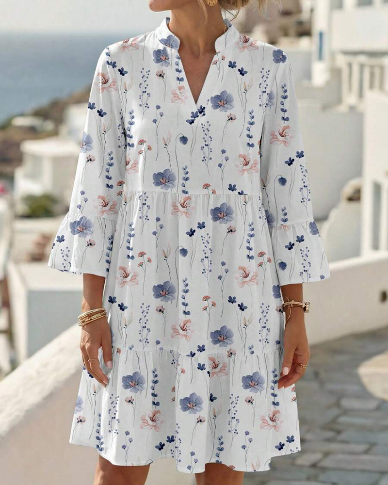Jurk V-Hals Bloemen Afdruk Midi