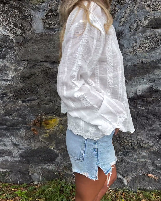 Shirt Geborduurd Uitholling Polo Kraag Casual