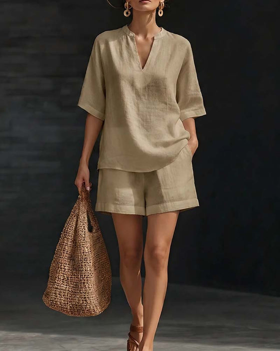 Set Casual Ellebooglange Mouw Top En Shorts