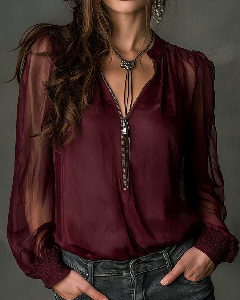 Blouse Half-ritsluiting Gaas Lange-mouw