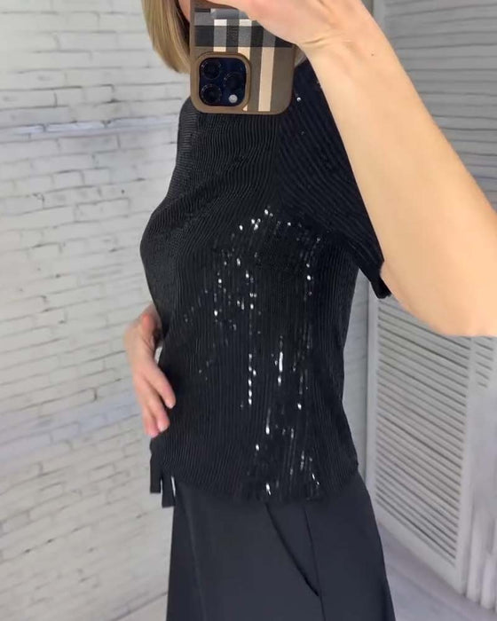 Slimming Pailletten T-Shirt Met Korte Mouwen