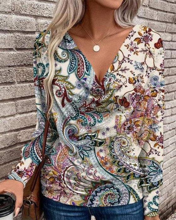 T-Shirt V-Hals Driekwart Mouw Bloemen