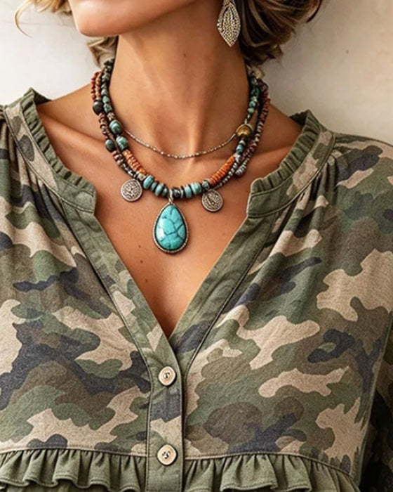 Top Camo Patchwork Ruche Rand V-Hals