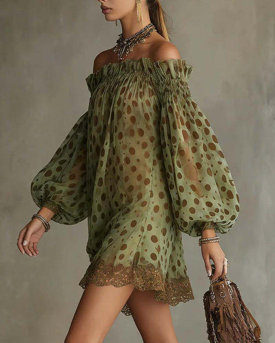 Jurk Luipaardprint Off-Shoulder Kant Patchwork