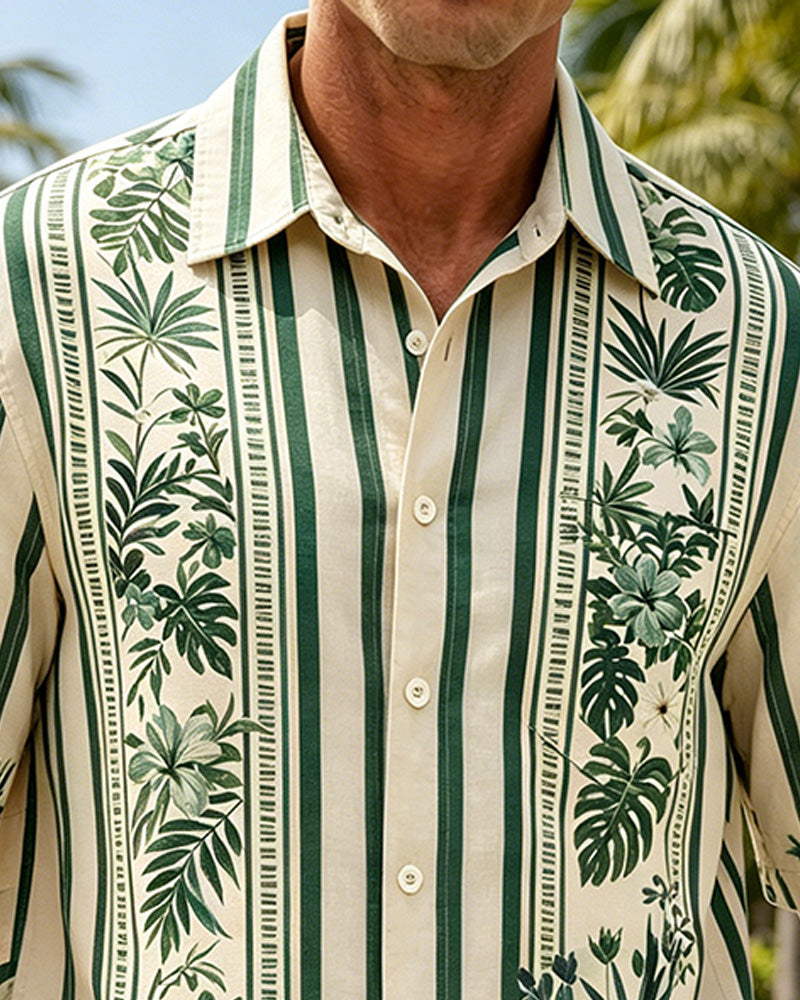 Overhemden Knoopsgat Botanisch Print Korte Mouw