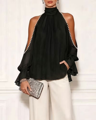 Blouse Turtleneck Off-Shoulder Ruche