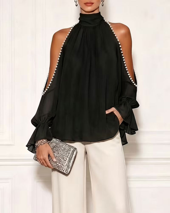 Blouse Turtleneck Off-Shoulder Ruche