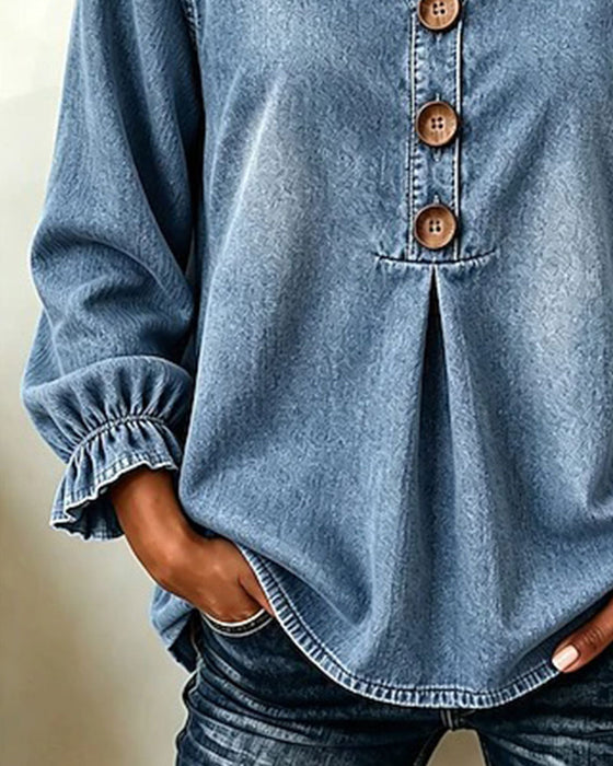 Top Denim V-Hals Knoop Ruchemouw