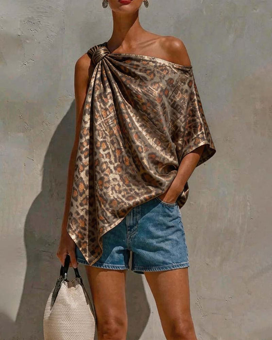 Blouse Goud Folie Luipaard Een-Schouder Twist