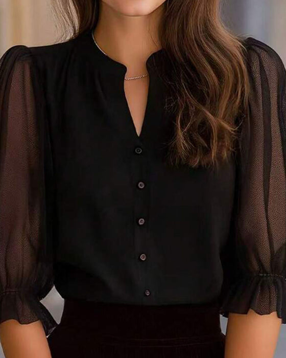 Blouse V-Hals Knoop Effen