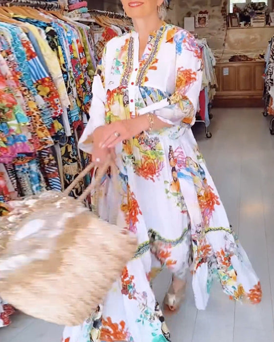 Boho geprinte patchwork jurk met knopen