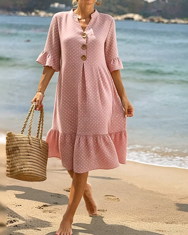 Jurk Polka Dot V-Hals Geruwde Mouw