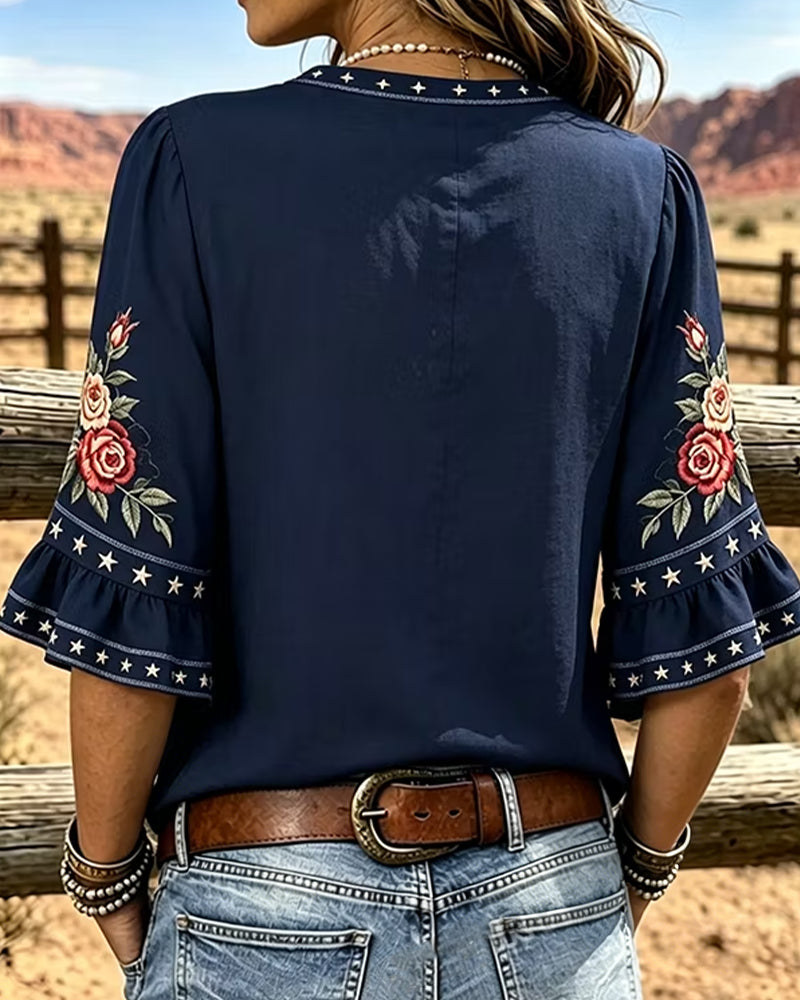 Bedrukte Blouse Met Ruchesmouwen