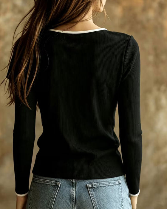 Gebreid Top V-Hals Contrastkleur Lange Mouw