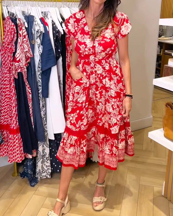 Jurk V-Hals Bloemen Patchwork A-Lijn