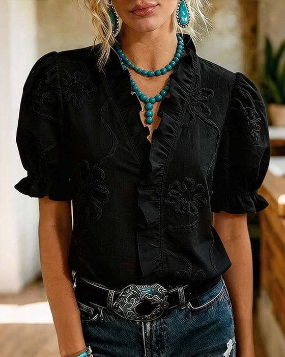 Blouse V-Hals Ruche Rand Pofmouw