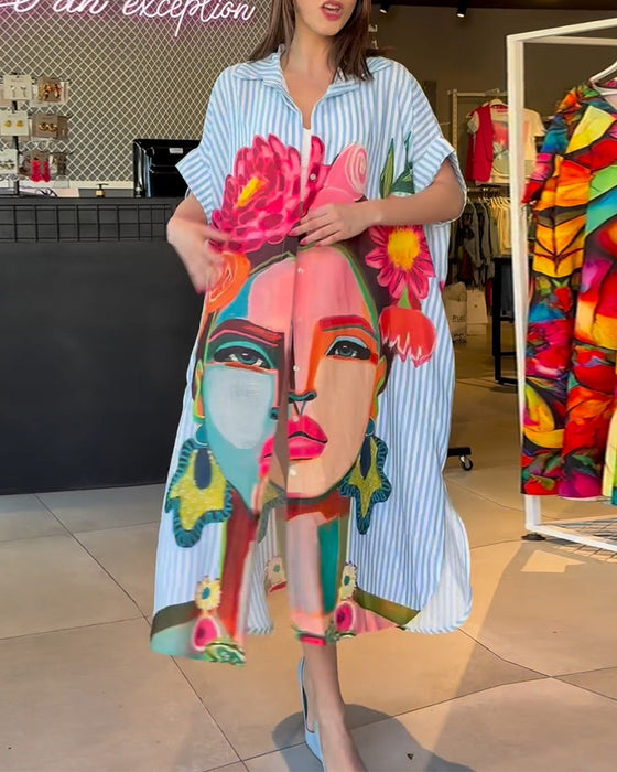 Verticale gestreepte blouse met reverssplit en karakterprint