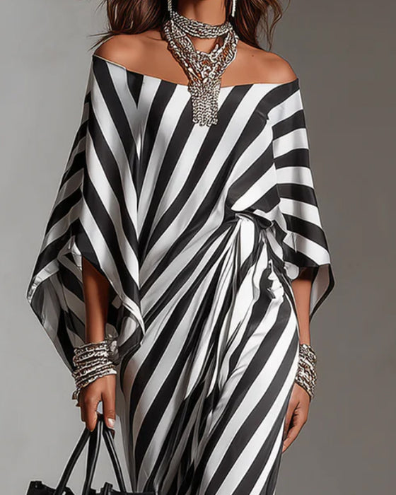 Jurk Off-shoulder Vleermuismouw Streep Lang