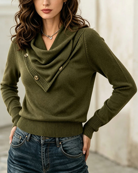 Pullover Sjaal Kraag Knoop Effen