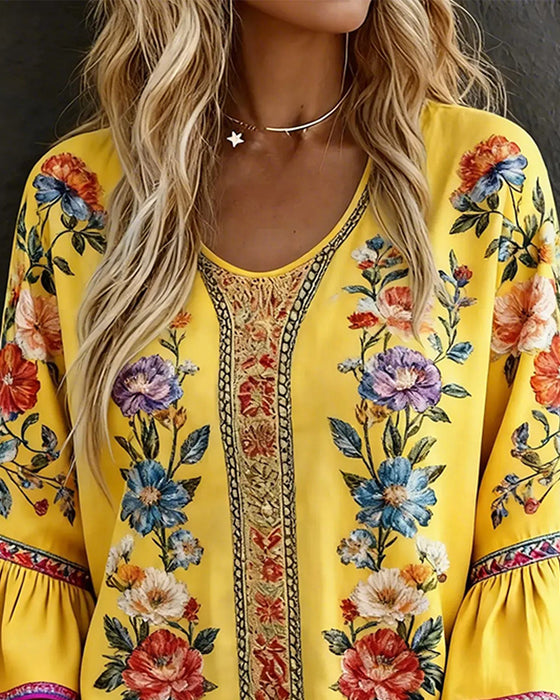 Blouse Ruche Uitlopende Mouw Bloemen