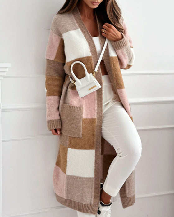 Casual contrast geruite losse cardigan met zak