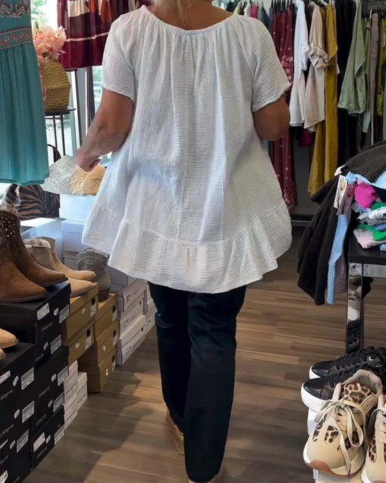 Blouse Ronde Hals Gerimpeld Relaxed Effen