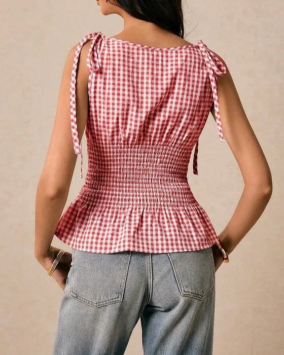 Blouse Mouwloos Ruitjes Binden Taille