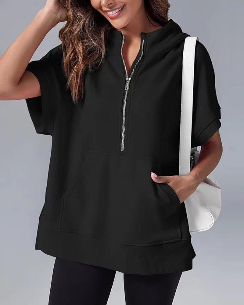 Sweatshirt Korte Mouw Gedeeltelijke Rits Capuchon