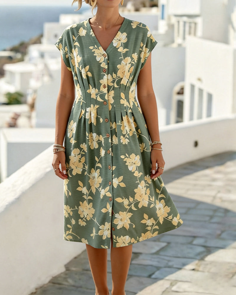 Jurk V-Hals Print Getailleerde Taille Knoopsluiting Voorzijde