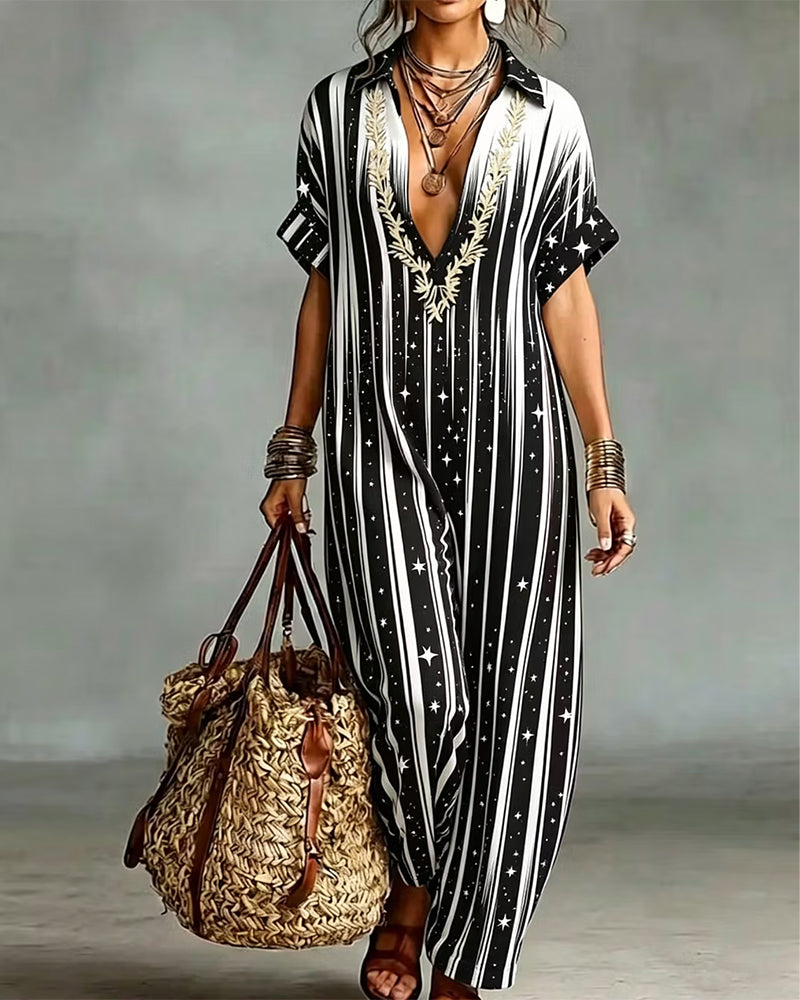 Jumpsuit V-Hals Streep Contrast Los