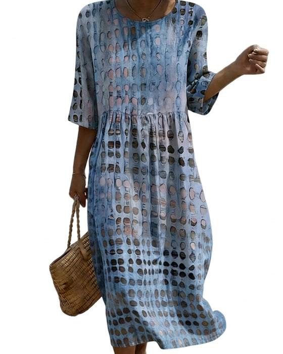 Jurk Stipjes Ronde Hals Print Half Mouw