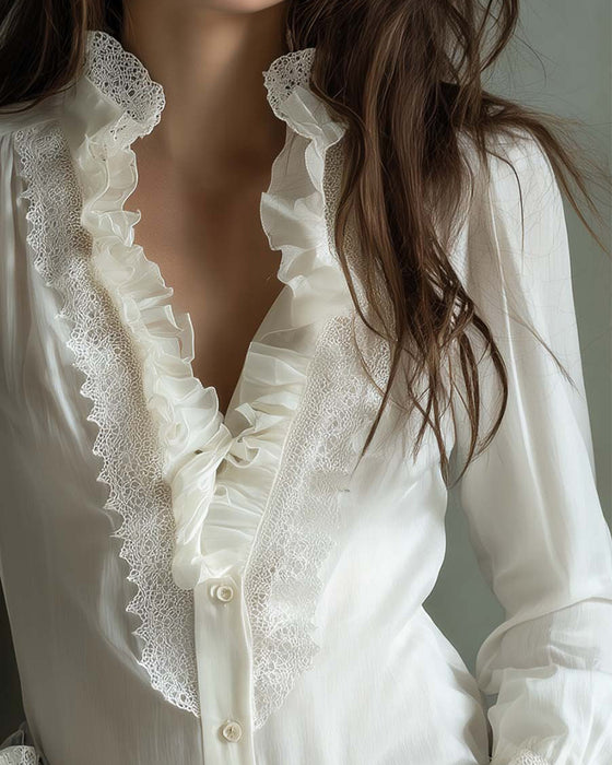 Blouse Staande Kraag Kant Patchwork