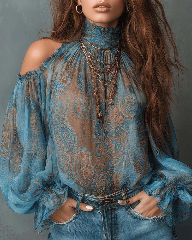 Blouse Bedrukt Off-Shoulder Mandarin Kraag