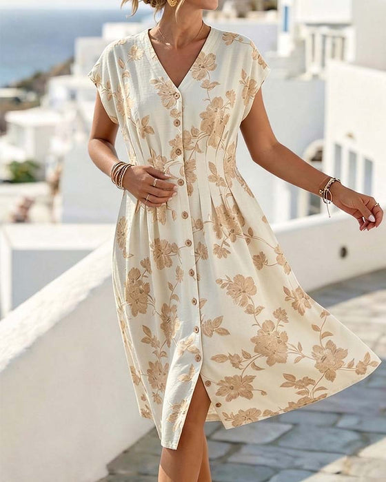 Jurk V-Hals Print Getailleerde Taille Knoopsluiting Voorzijde