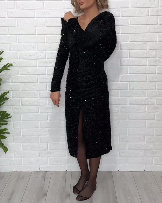 Jurk V-Hals Pailletten Splits Feest