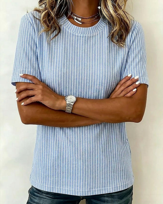 Top Blauw En Wit Verticale Streep Rondhals