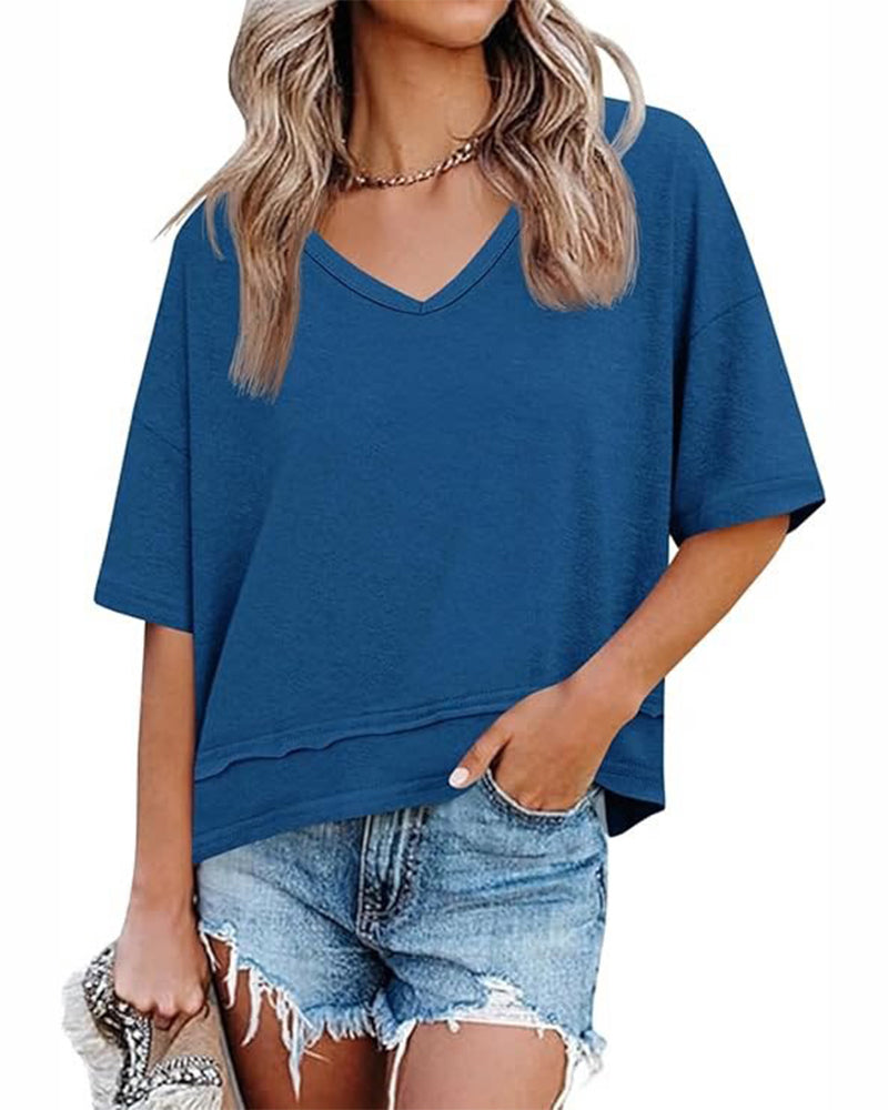 Blouse Effen V-Hals Patchwork Zoom