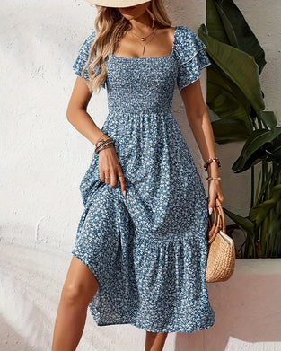 Jurk Ruffle Vierkante Hals Bloemen