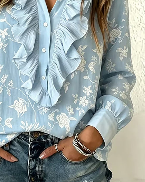 Blouse Knoop Voor Ruffle V-Hals Pofmouw