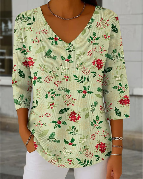Dames gebreide top met kerstprint, V-hals, 3/4 mouwen, casual stijl en losse passform