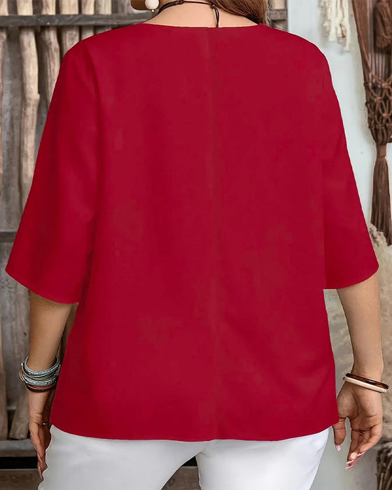 Blouse V-Hals Knoop Effen Driekwart Mouw