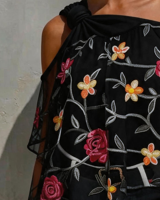 Blouse Mesh Rose Een-Schouder Twist Knoop