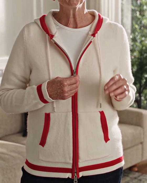 Cardigan Met Capuchon Volledige Rits Contrast Trui