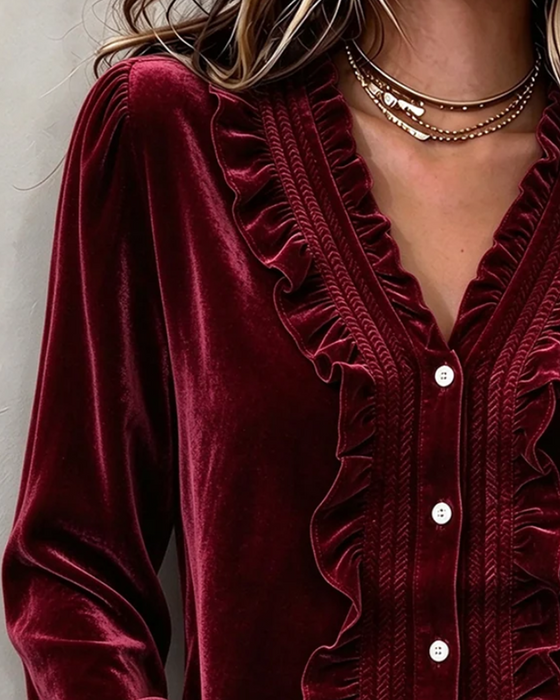 Blouse Velvet Ruffle-Trim V-Neck Langmouw