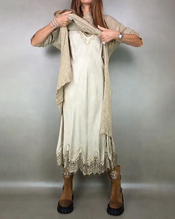 Tweedelige Set Met Gebreide Jurk En Kant Cami - Jurk